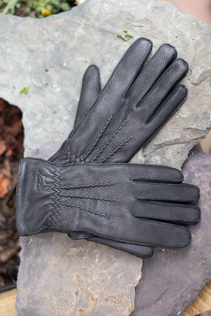 Mens Deerskin Gloves Cashmere Lined Black Leather Drapers